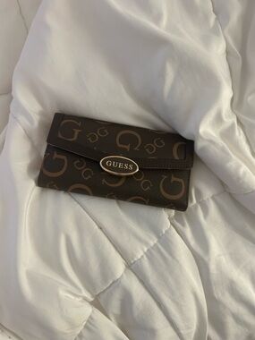 GUESS Brown Logo Flap Wallet with Gold Plaque